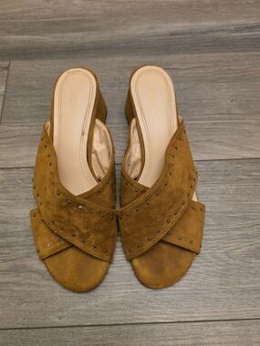 Suede Crisscross Slide Sandals in Mustard with Stud Accents